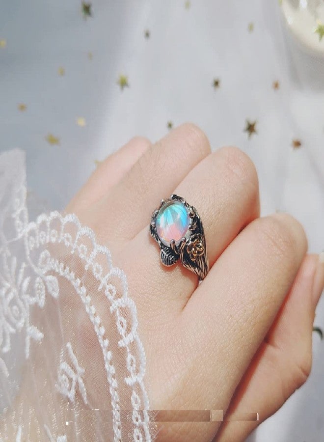 Hsitgexf Unique Vintage Flowering Twig Rainbow Moonstone Engagement Ring for Women,Victorian Style Solitaire Ring Thai Silver Jewelry (US Size 9) - Image 5